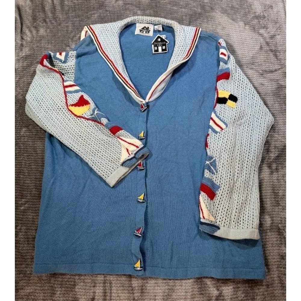 Storybook‎ Knits Vintage Nautical Sailboat Cardigan Blue Sailor Collar Plus 2X